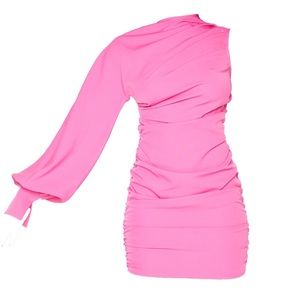 Pink one sleeve Ruched Woven Bodycon dress